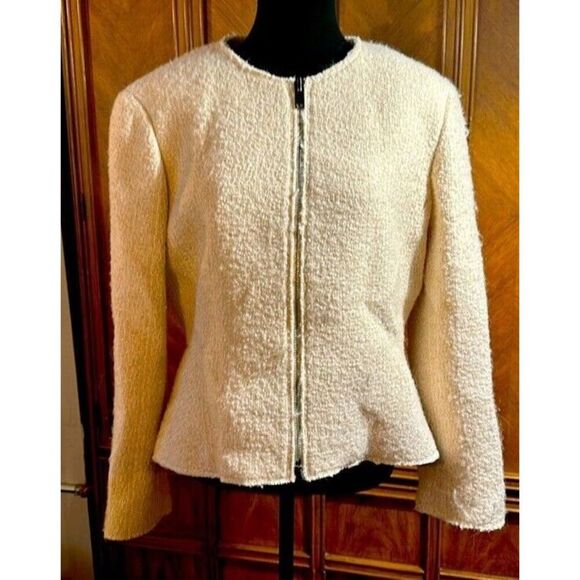 THEORY BLAZER WOMENS SIZE 14 CREAM WOOL BLEND ZIP UP FULLY LINED DESIGNER JACKET - Picture 4 of 7